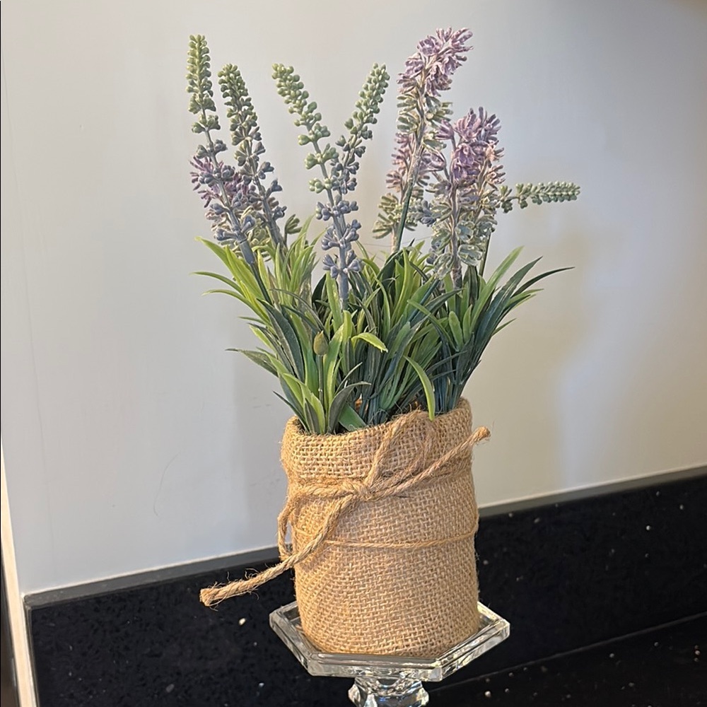 Purple and Green Faux Lavender Floral Greenery Accent in Rustic Burlap Container - Picture 3 of 7